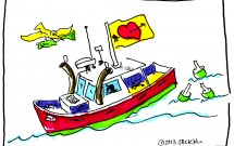 Lobster boat shows Valentine flag