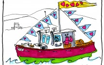 Lobster boat flies Valentine pennants