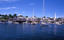 Boats moored in Camden harbor