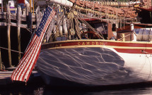 Flag tied to stern of Camden sailboat