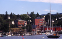 Rockport harbor with buildings on hill