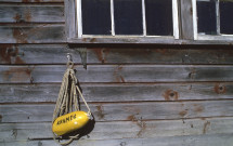 Monhegan shed with lobster buoy